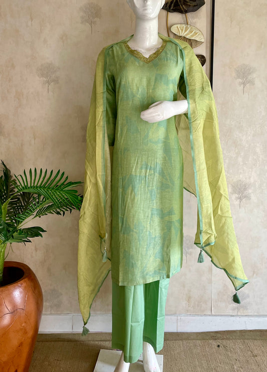 RaasRa green silk kurta set with lace neckline dupatta and plain pant