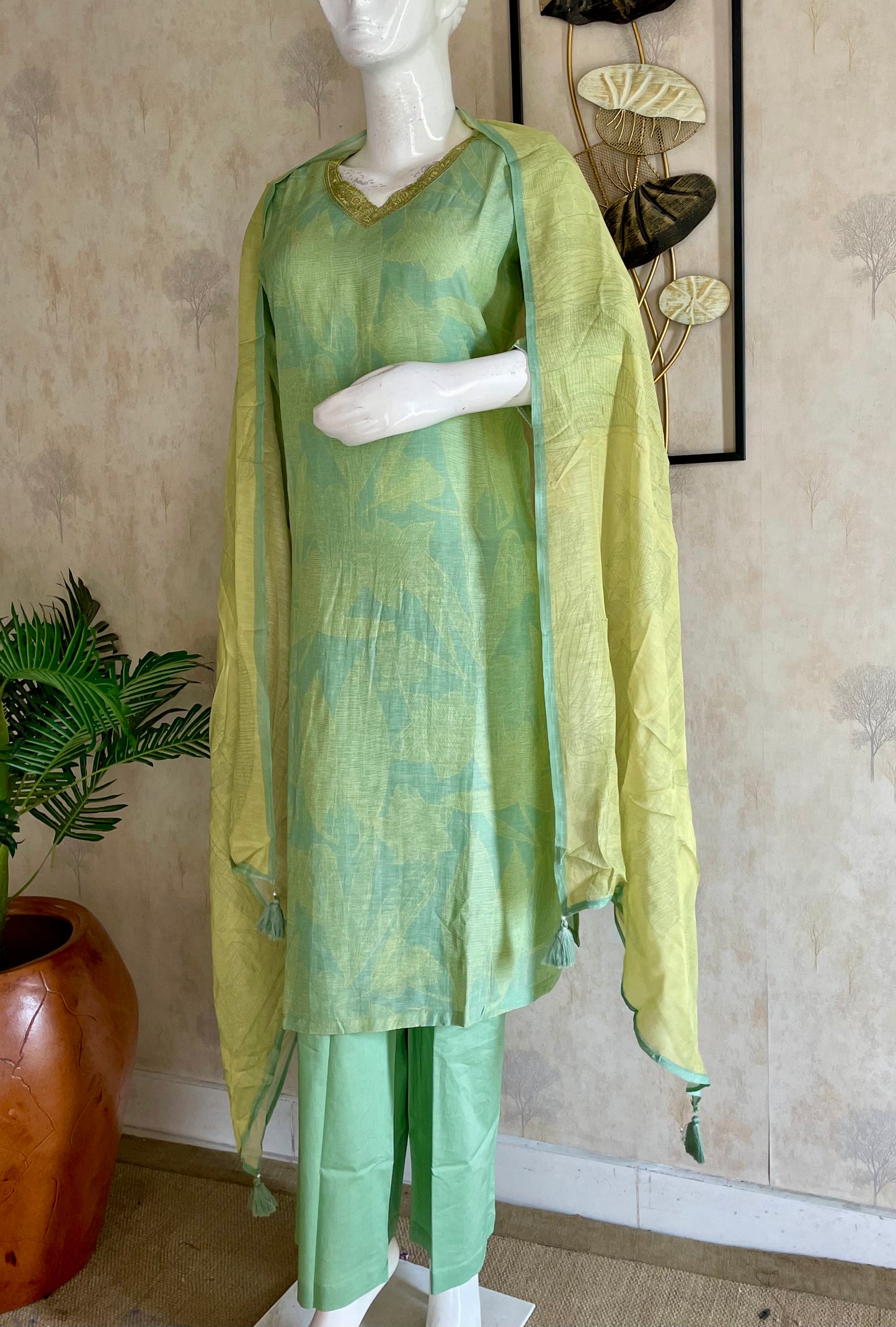 RaasRa Whispers of Green — Silk Kurta Set with Lace Neckline & Dupatta — view 2