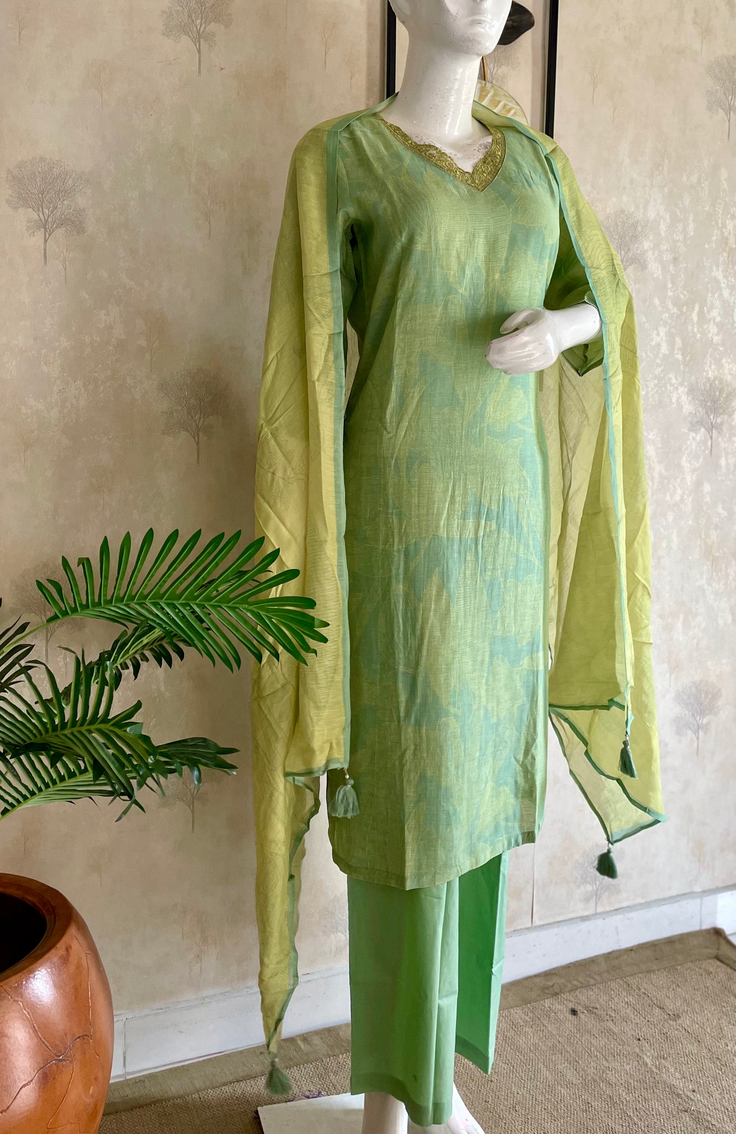RaasRa Whispers of Green — Silk Kurta Set with Lace Neckline & Dupatta — view 3