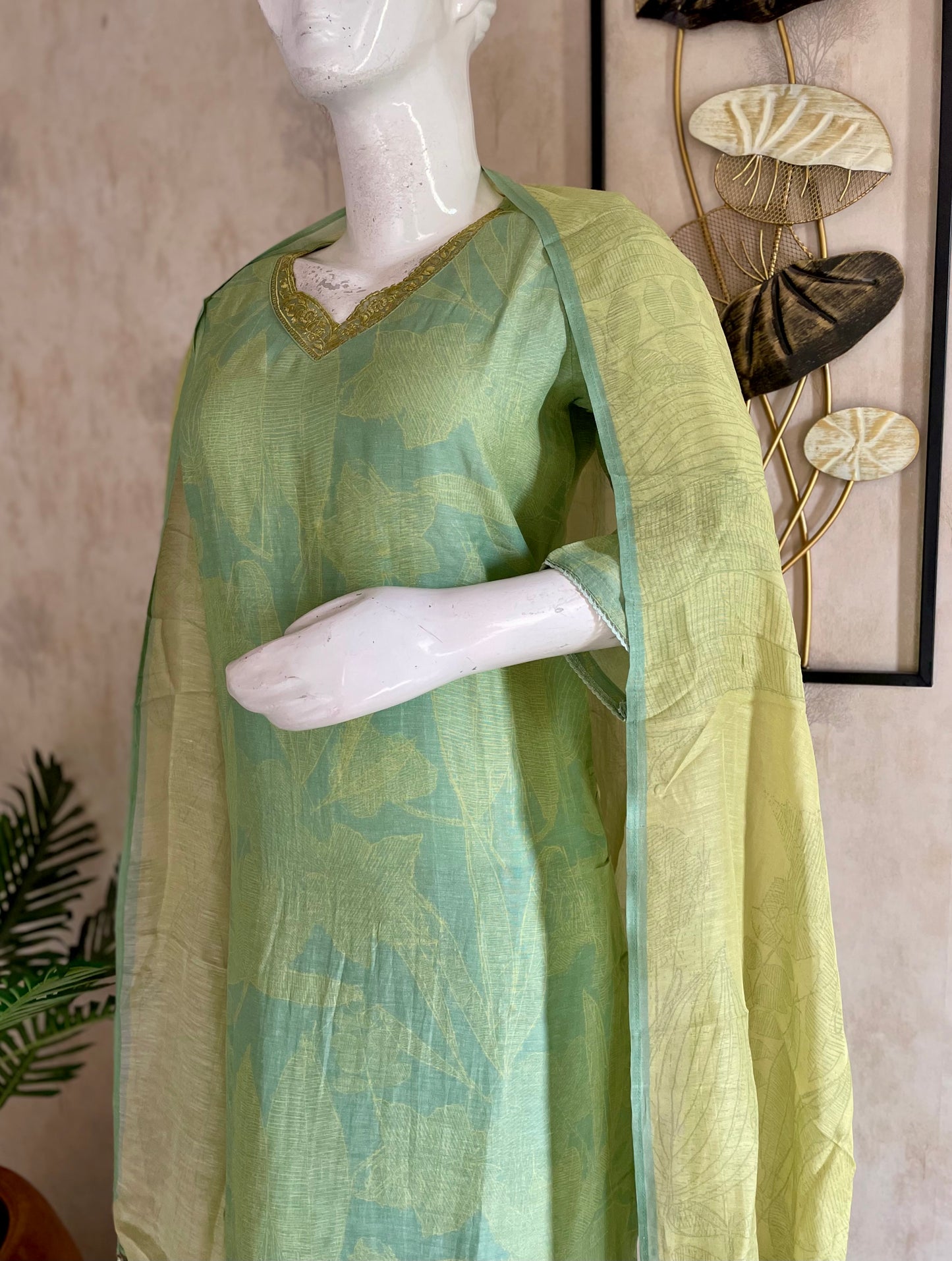 RaasRa Whispers of Green — Silk Kurta Set with Lace Neckline & Dupatta — view 5