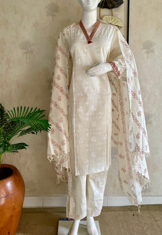 RaasRa off-white cotton embroidered kurta set with printed dupatta and pants