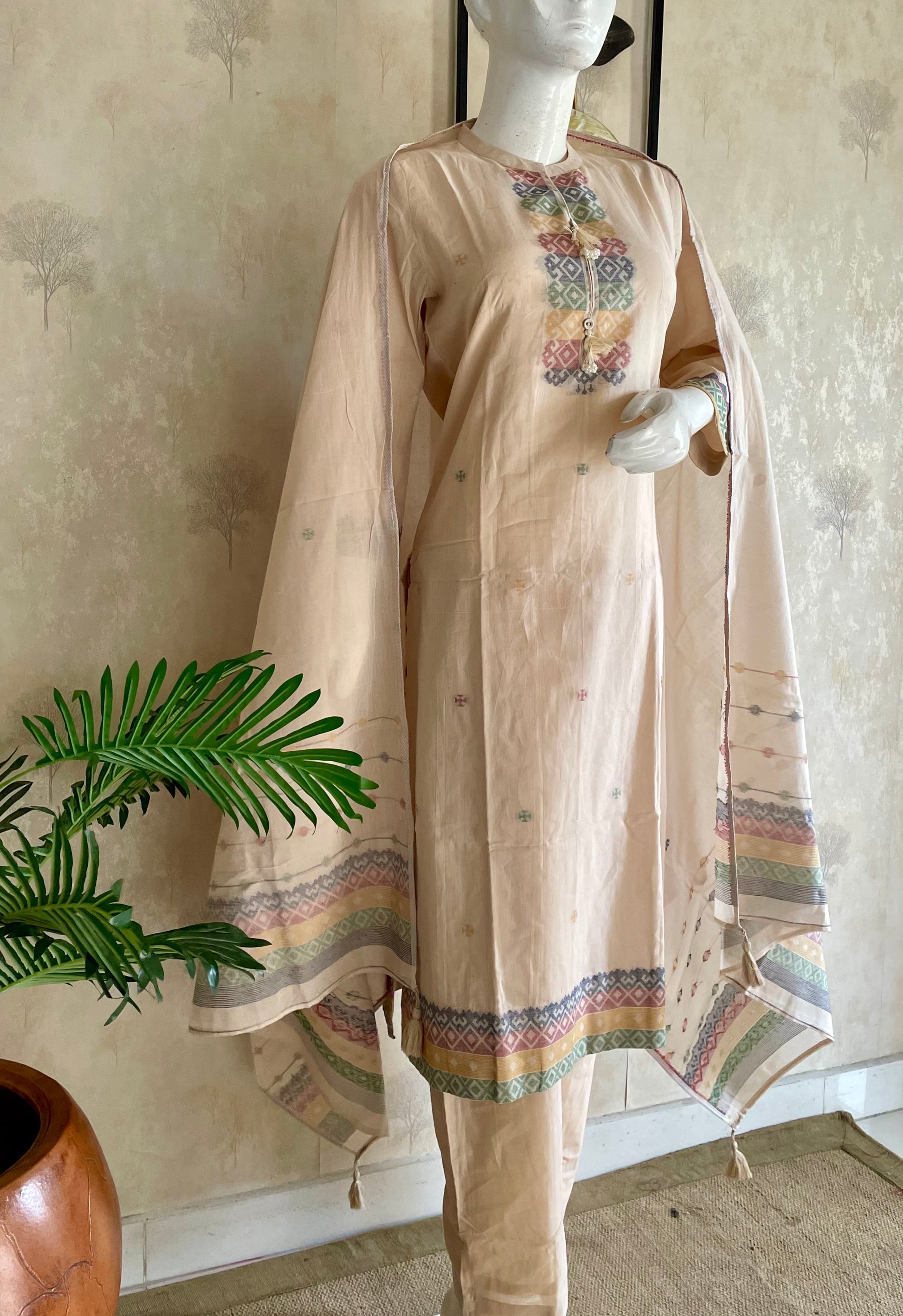 RaasRa Woven in Quiet Grace — Beige Jamdani Handloom Cotton Kurta Set — view 3