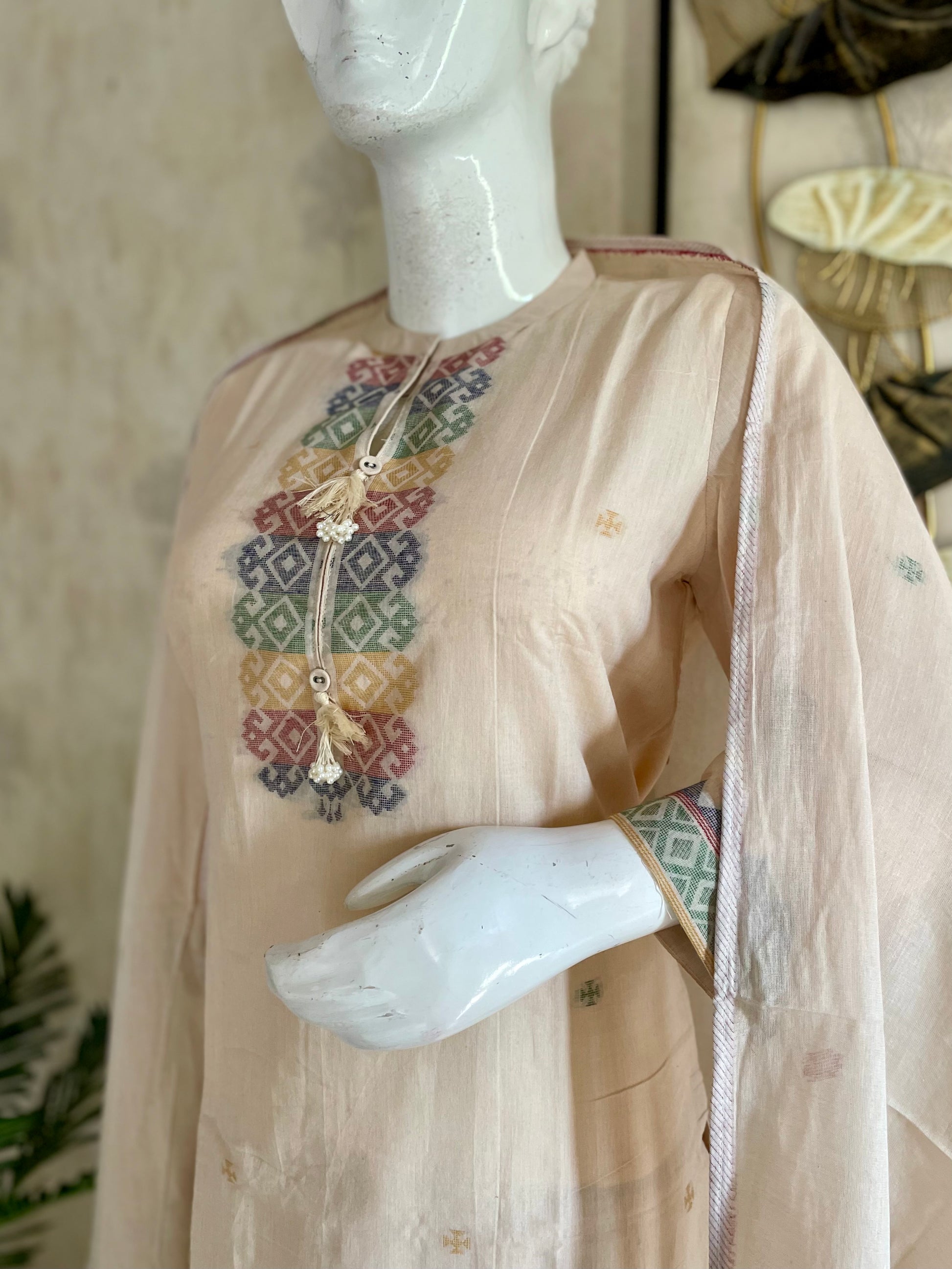 RaasRa Woven in Quiet Grace — Beige Jamdani Handloom Cotton Kurta Set — view 6