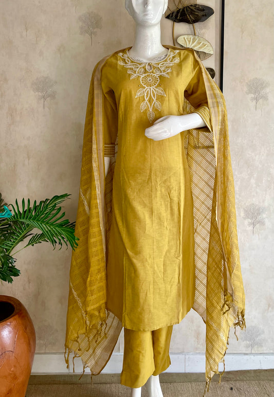 RaasRa mustard yellow handloom cotton embroidered kurta set with dupatta
