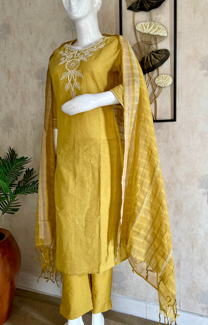RaasRa Golden Hour Drape — Mustard Yellow Handloom Cotton Embroidered Kurta Set — view 2