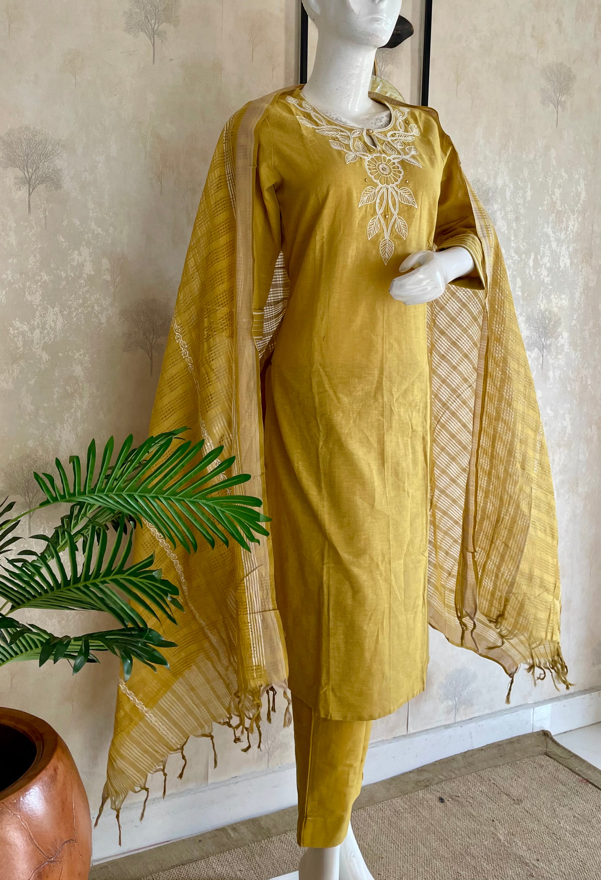 RaasRa Golden Hour Drape — Mustard Yellow Handloom Cotton Embroidered Kurta Set — view 3