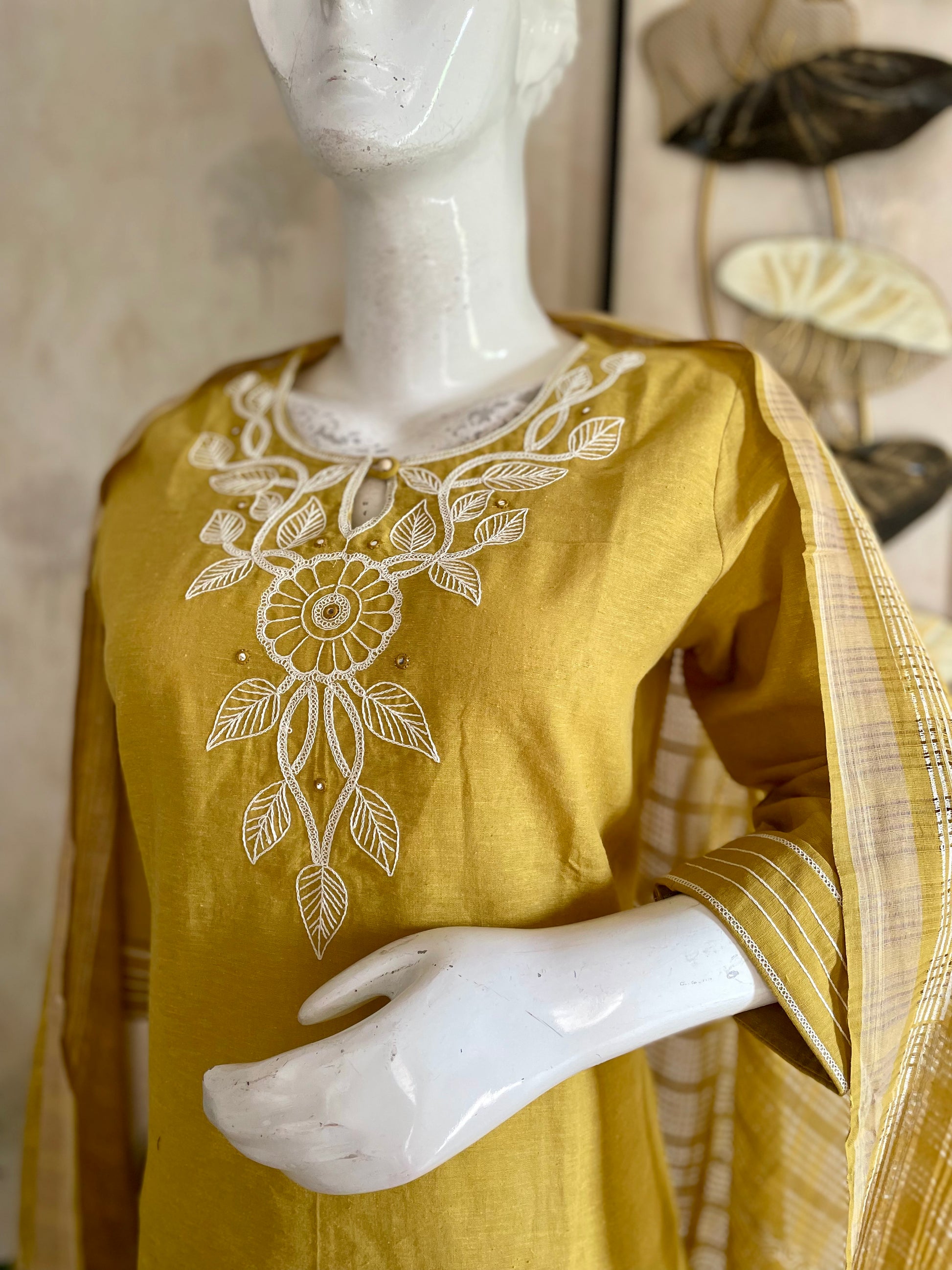 RaasRa Golden Hour Drape — Mustard Yellow Handloom Cotton Embroidered Kurta Set — view 4