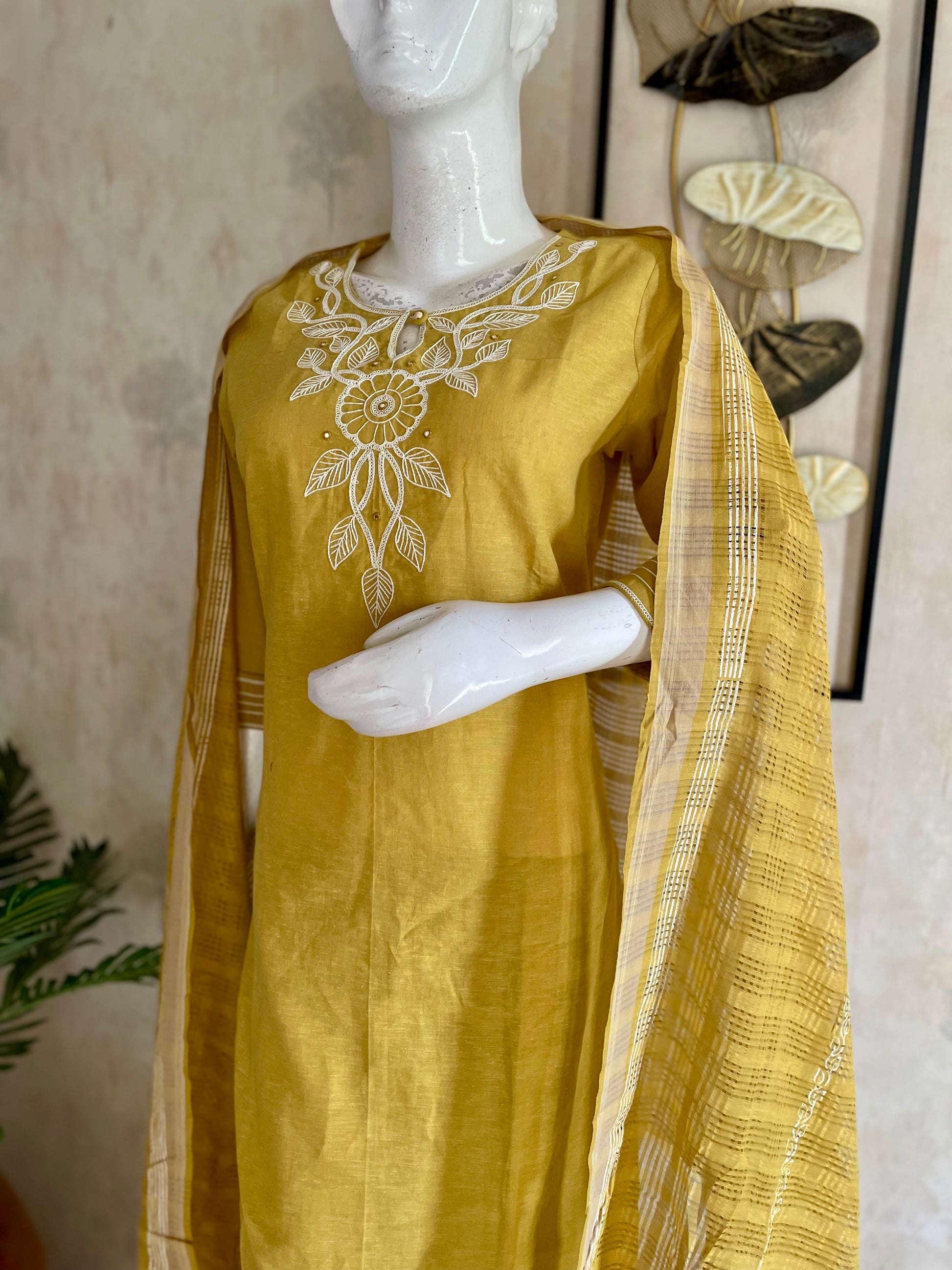 RaasRa Golden Hour Drape — Mustard Yellow Handloom Cotton Embroidered Kurta Set — view 6