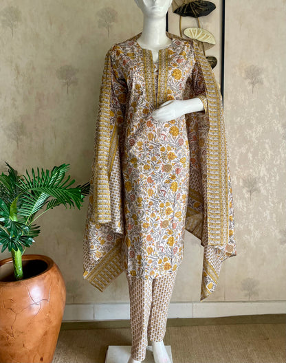 RaasRa mustard handblock floral cotton kurta set with dupatta and printed pant