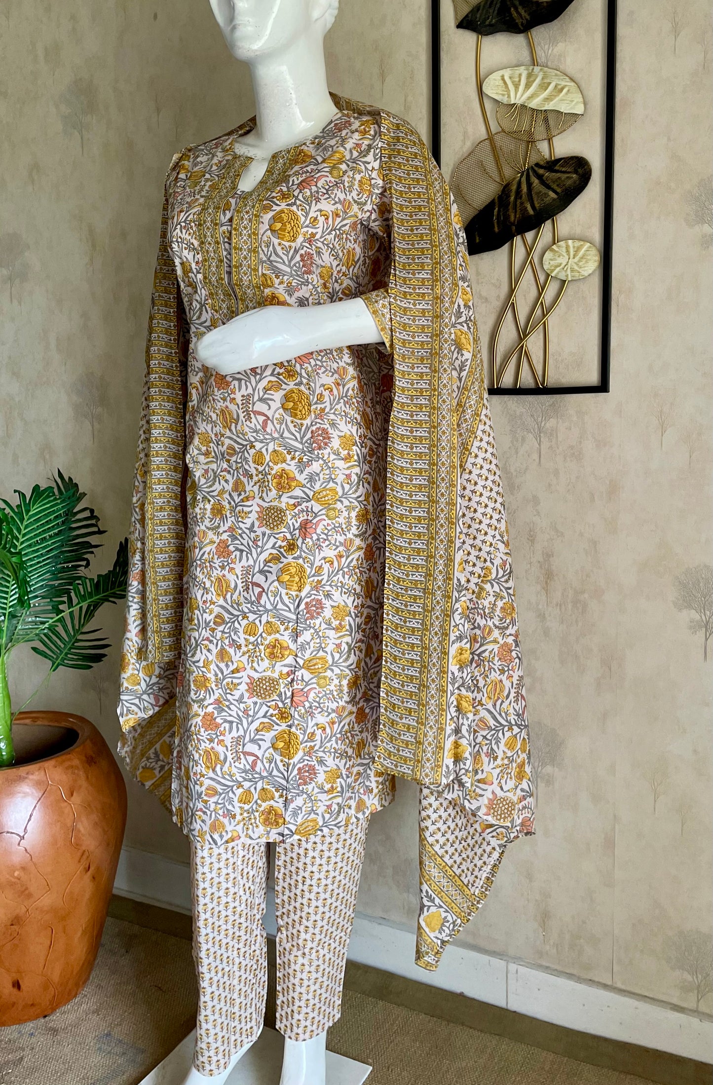 RaasRa Meadows in Mustard — Handblock Cotton Kurta Set with Dupatta — view 2