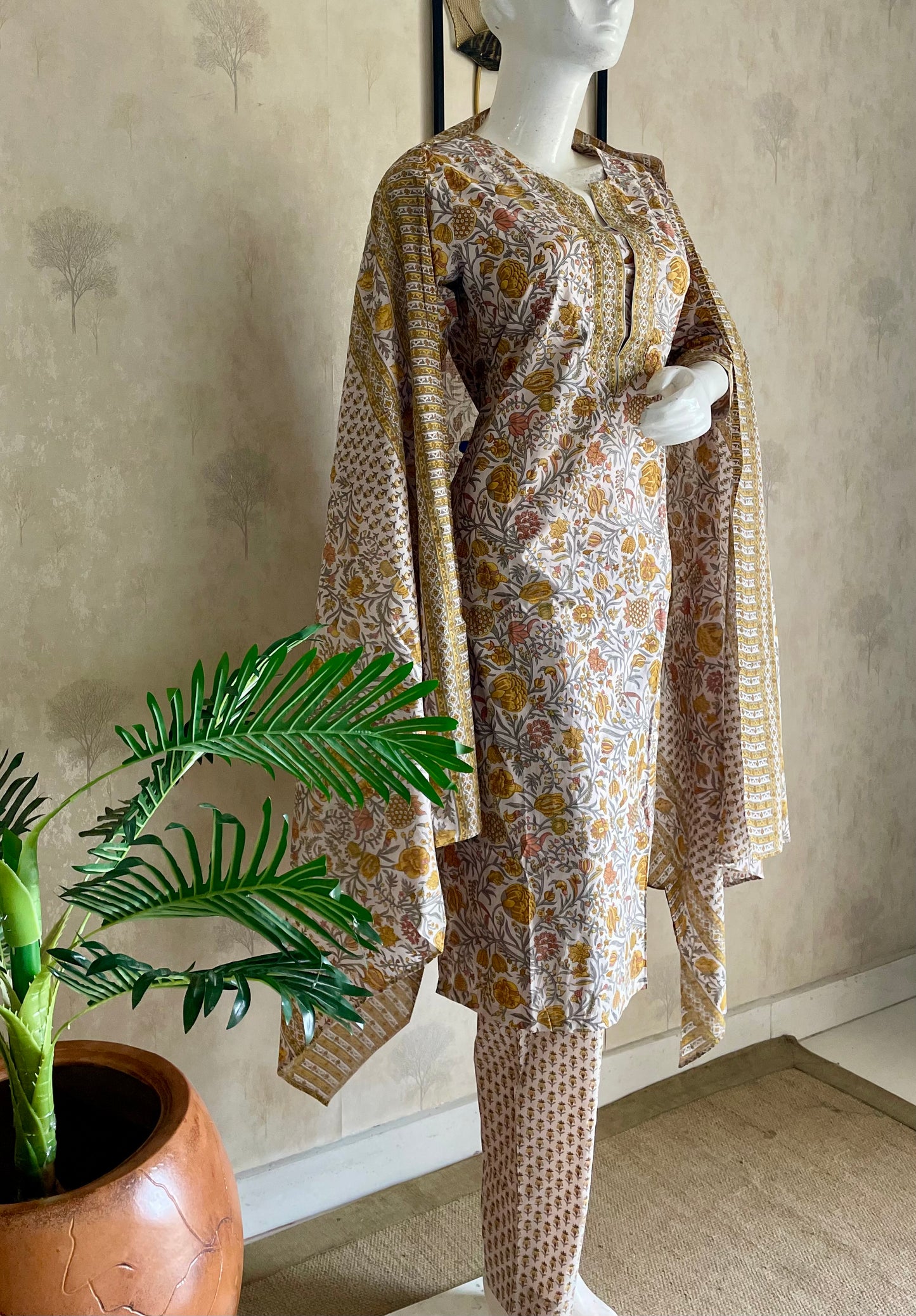 RaasRa Meadows in Mustard — Handblock Cotton Kurta Set with Dupatta — view 3
