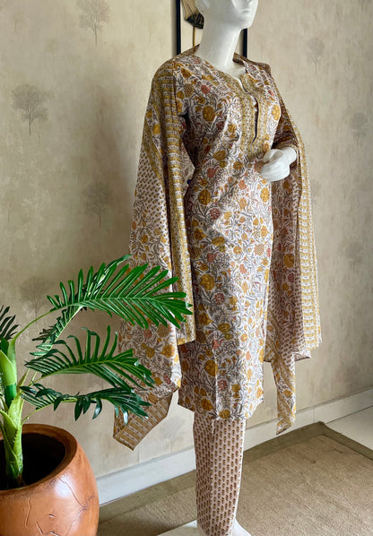 RaasRa Meadows in Mustard — Handblock Cotton Kurta Set with Dupatta — view 3