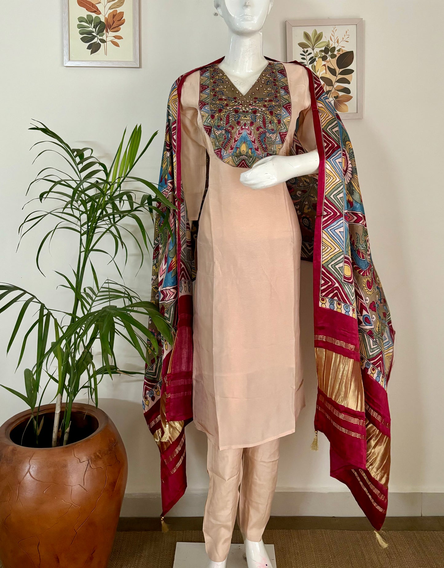 Elegant Peach Silk Kurta Set with Kalamkari Dupata