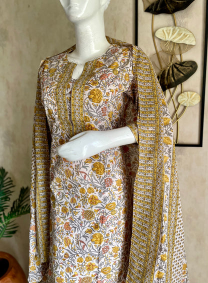 RaasRa Meadows in Mustard — Handblock Cotton Kurta Set with Dupatta — view 5