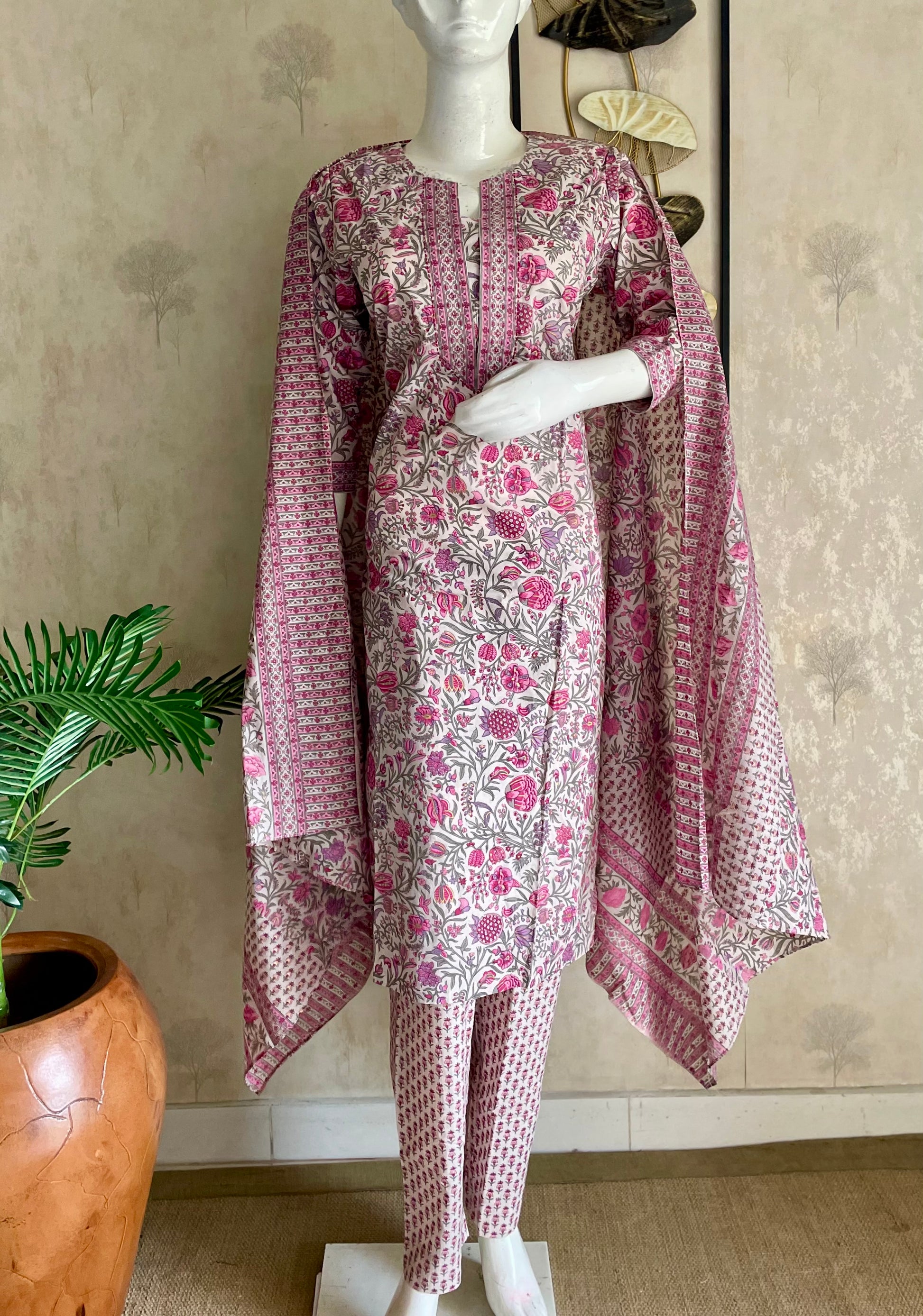 RaasRa pink handblock cotton floral kurta set with dupatta and pant