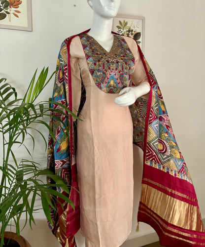 Elegant Peach Silk Kurta Set with Kalamkari Dupata