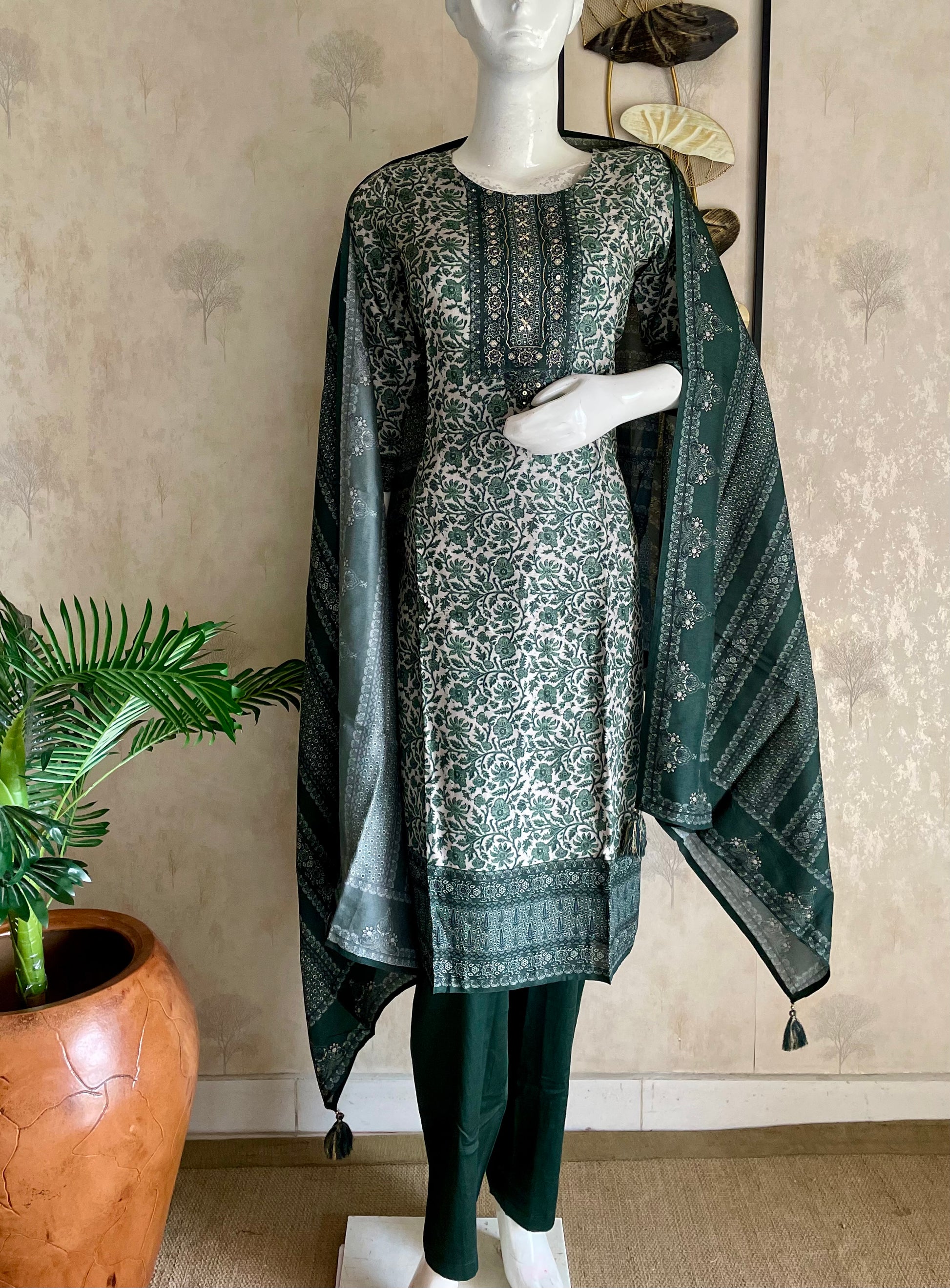 RaasRa green printed silk kurta set with pant and dupatta