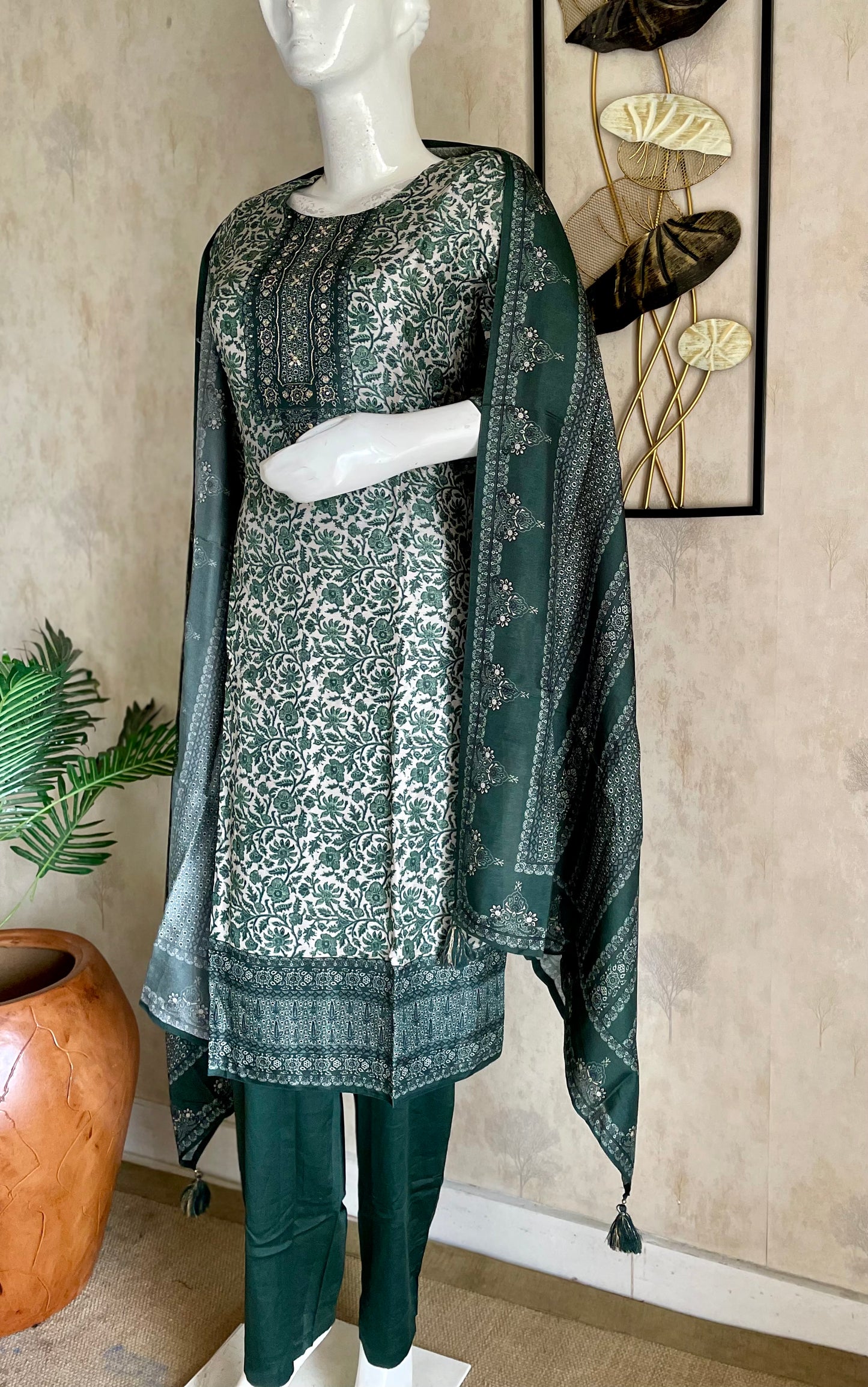 RaasRa A Garden in Green — Printed Silk Kurta Set with Dupatta — view 2
