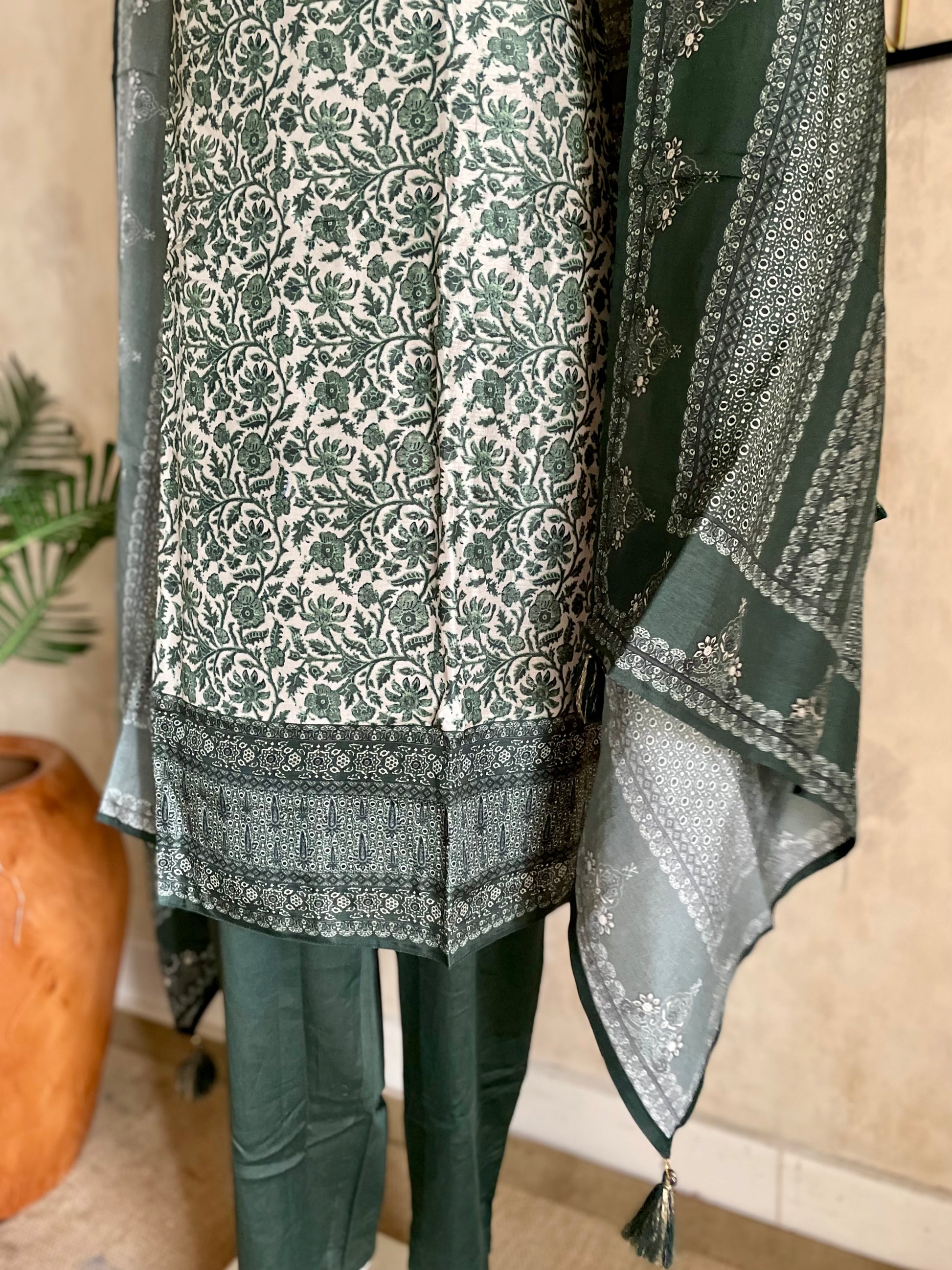 RaasRa A Garden in Green — Printed Silk Kurta Set with Dupatta — view 7