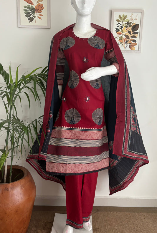 Modern Fusion Maroon Cotton Kurta with Mirror Work