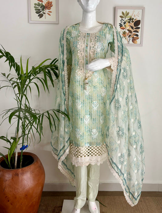 Ethereal Dream Green Organza Kurta with Digital Prints