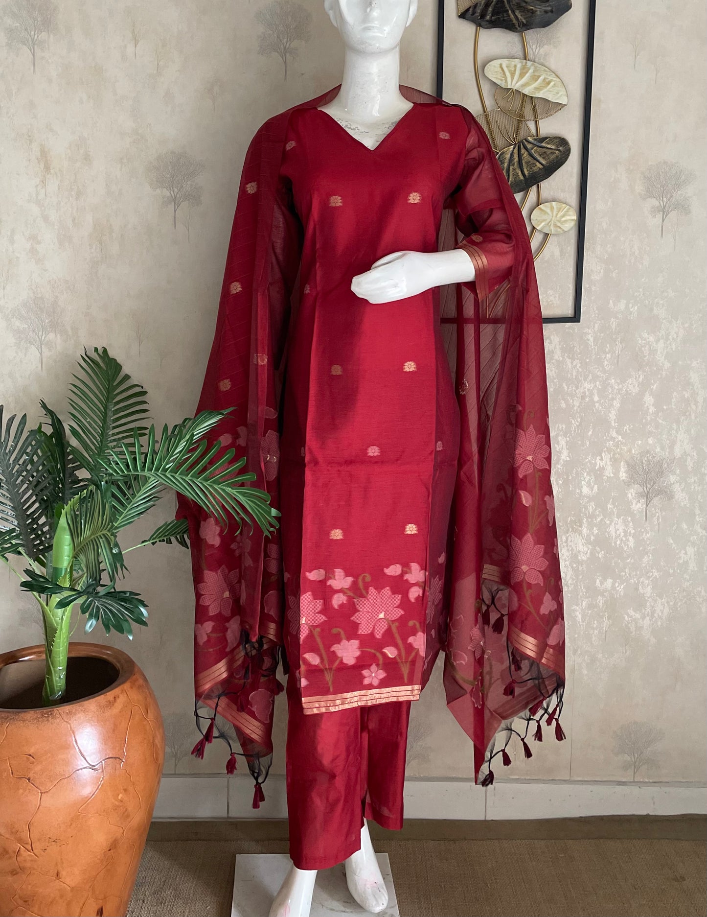 Dream Weaver Mehroonish Red Muga Silk Jamdani Kurta Set