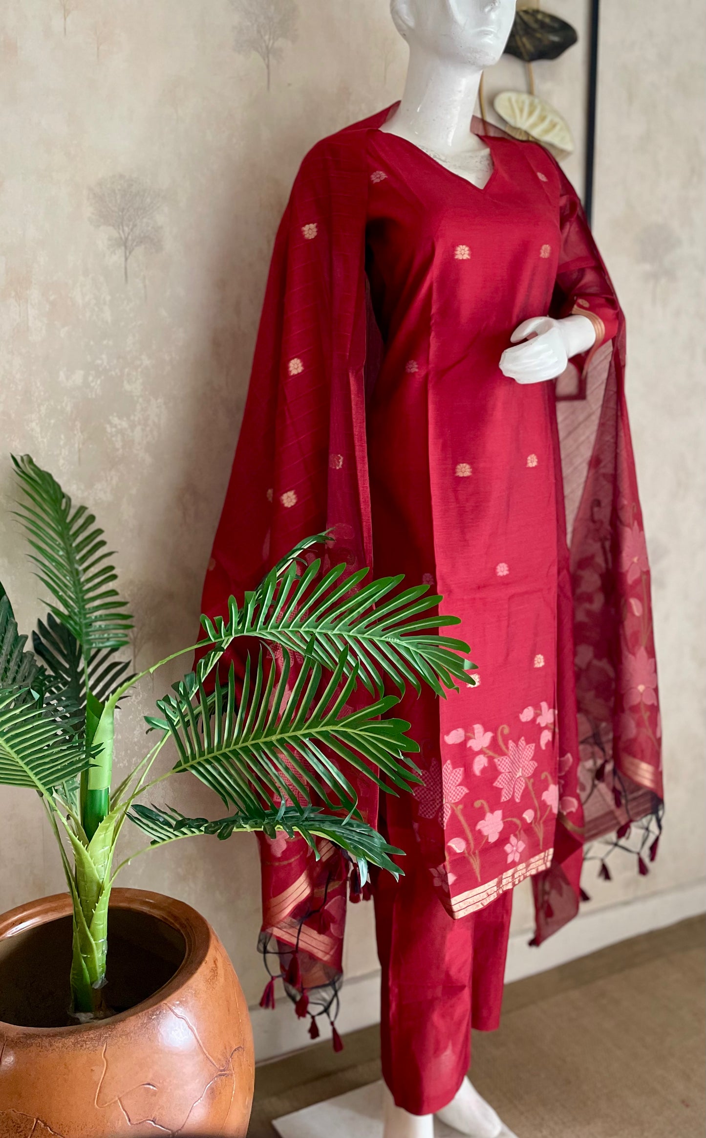 Dream Weaver Mehroonish Red Muga Silk Jamdani Kurta Set