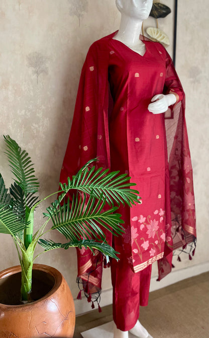 Dream Weaver Mehroonish Red Muga Silk Jamdani Kurta Set