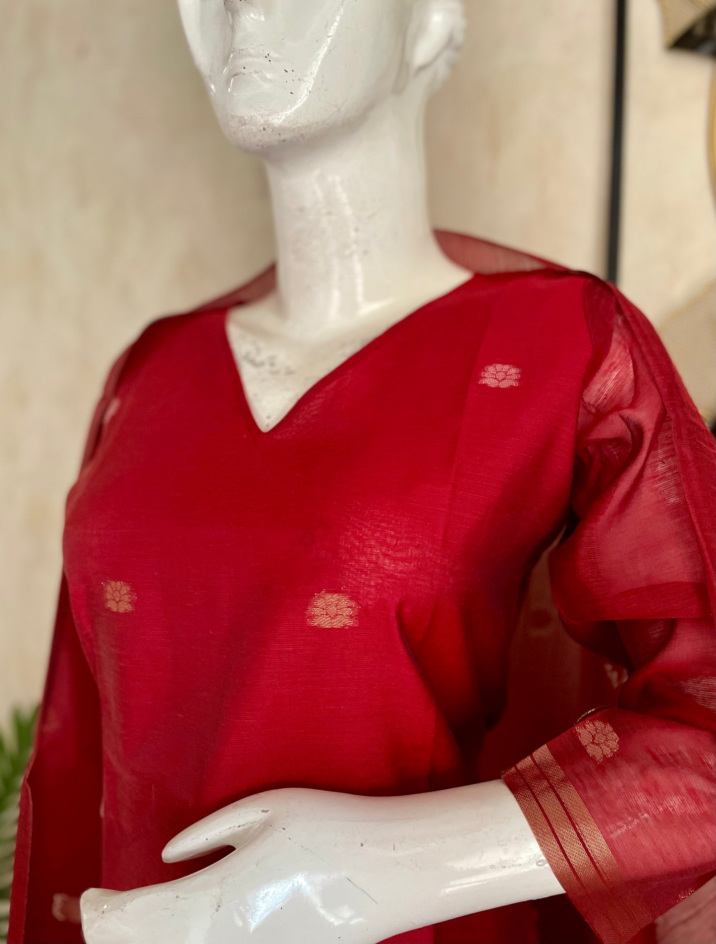 Dream Weaver Mehroonish Red Muga Silk Jamdani Kurta Set
