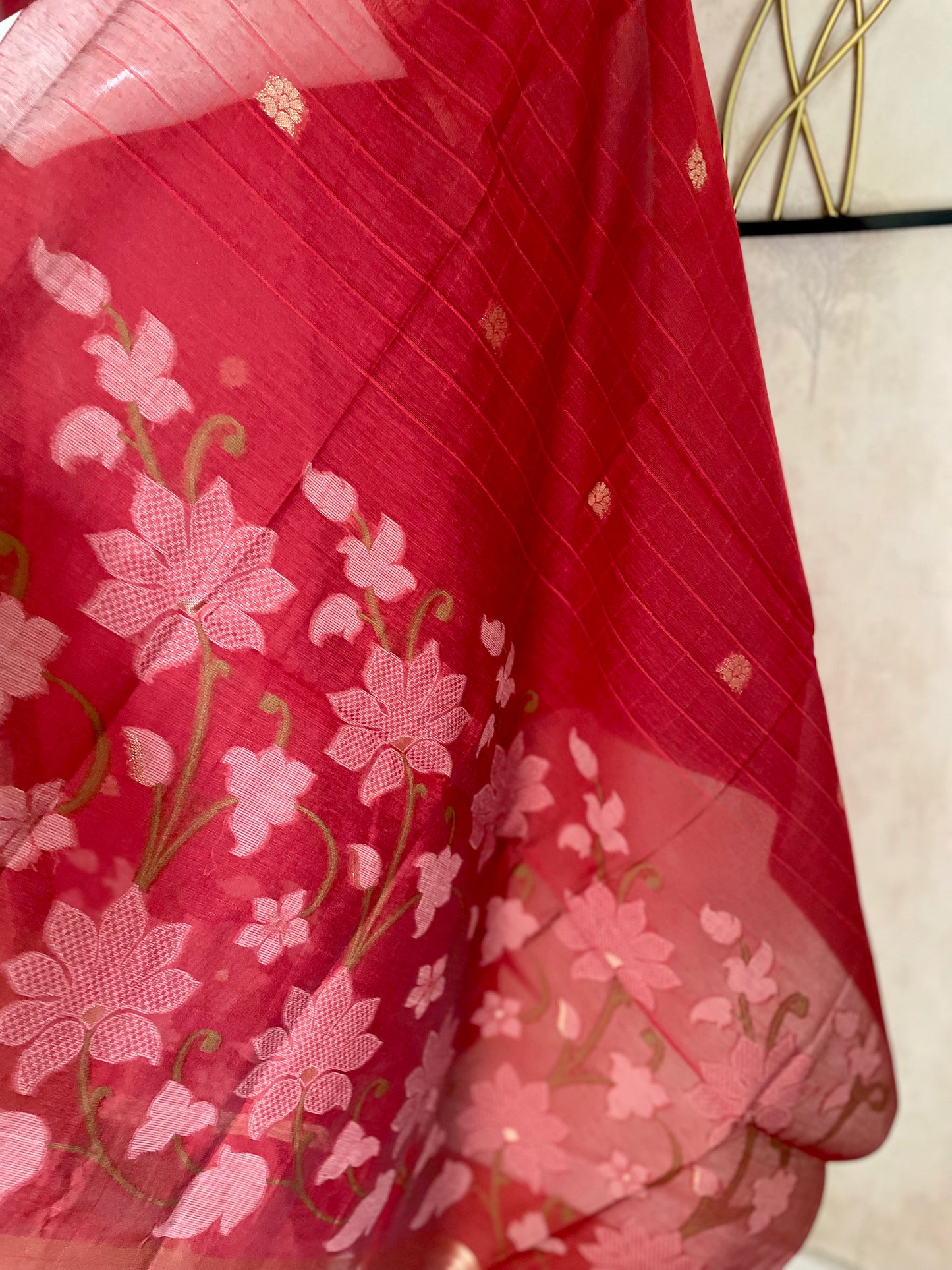 Dream Weaver Mehroonish Red Muga Silk Jamdani Kurta Set