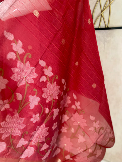 Dream Weaver Mehroonish Red Muga Silk Jamdani Kurta Set