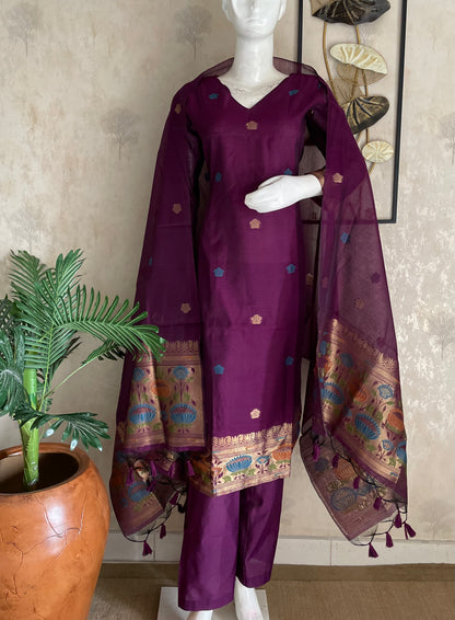 Wine Grace Paithani  Muga Stitched Suit Sets