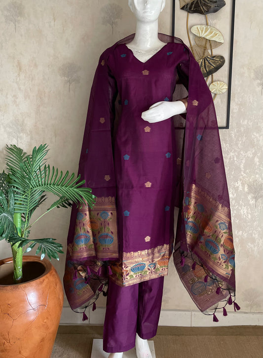 Wine Grace Paithani  Muga Stitched Suit Sets