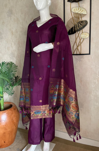 Wine Grace Paithani  Muga Stitched Suit Sets