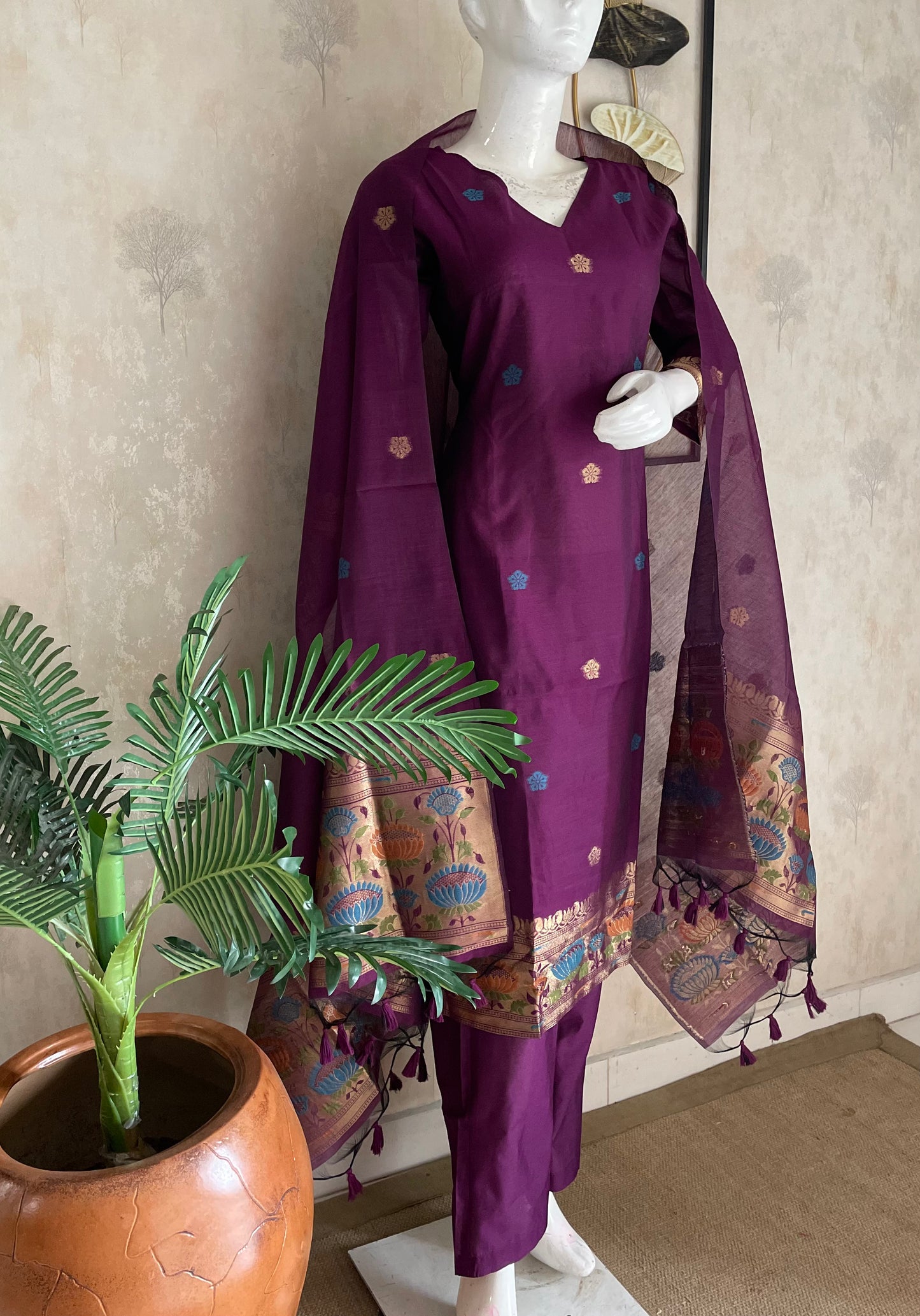 Wine Grace Paithani  Muga Stitched Suit Sets