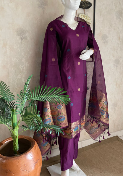 Wine Grace Paithani  Muga Stitched Suit Sets