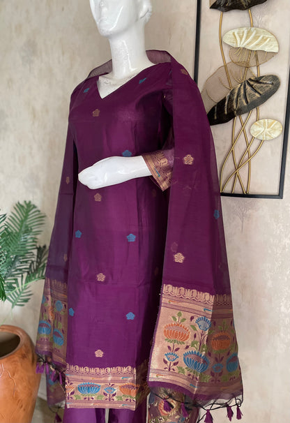 Wine Grace Paithani  Muga Stitched Suit Sets