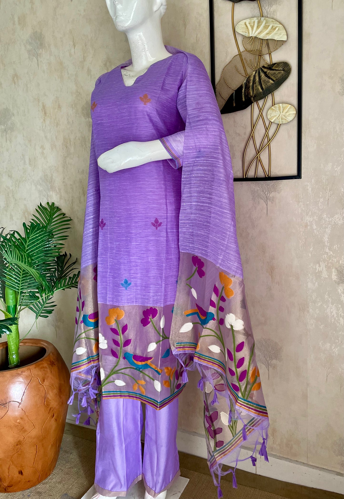Birds of Feathers Lavender Paithani Muga Silk Suit Set