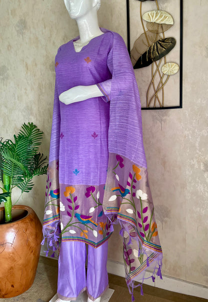 Birds of Feathers Lavender Paithani Muga Silk Suit Set