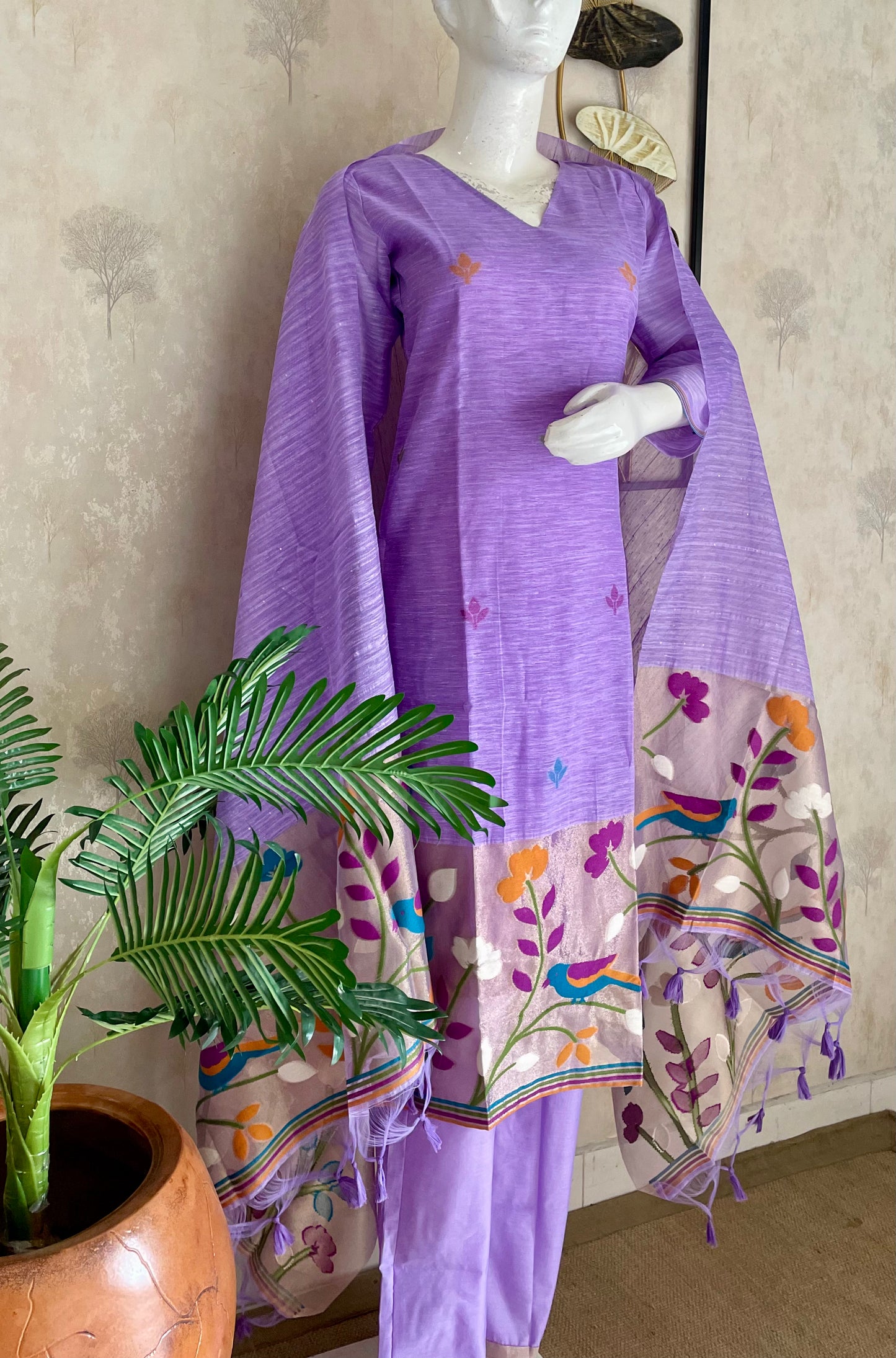 Birds of Feathers Lavender Paithani Muga Silk Suit Set
