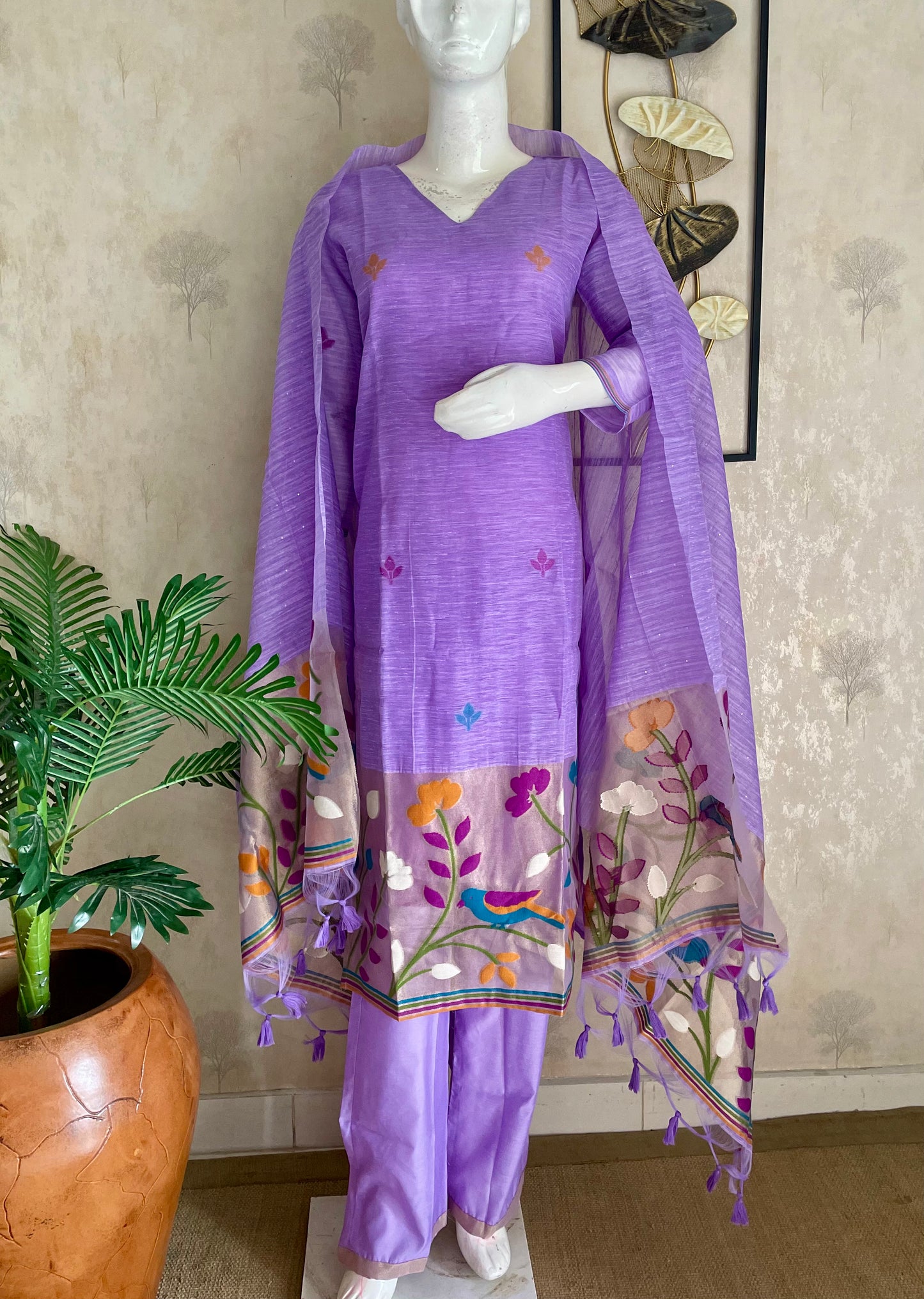 Birds of Feathers Lavender Paithani Muga Silk Suit Set