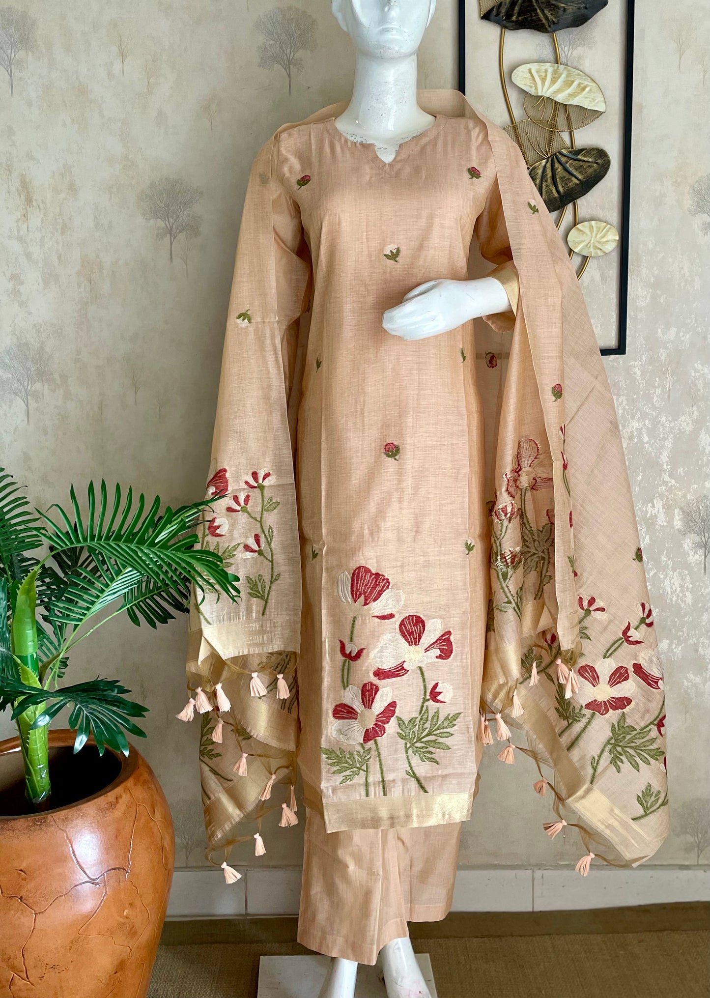 Bovine Chic Peach Muga Cotton Jamdani Suit Set