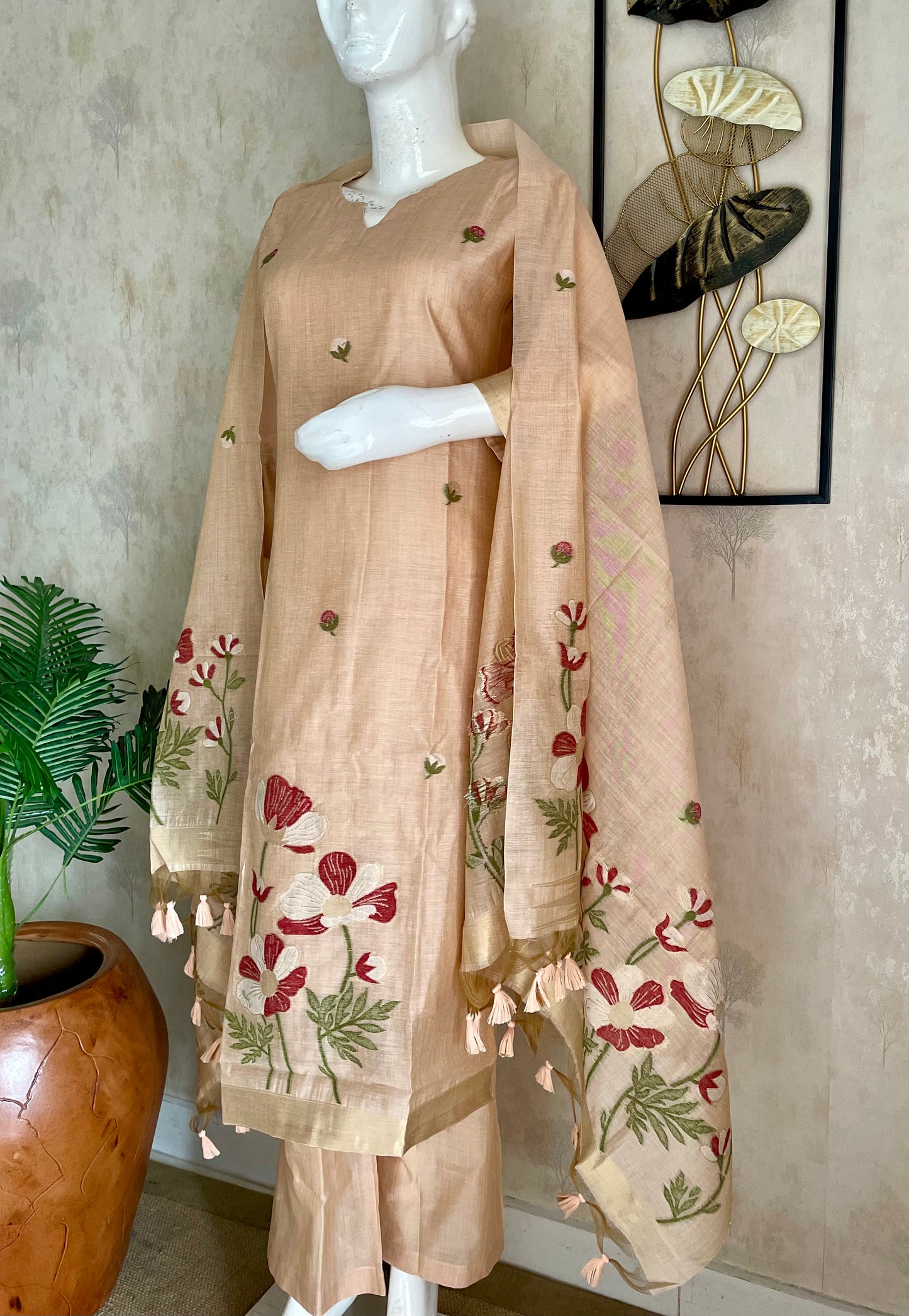 Bovine Chic Peach Muga Cotton Jamdani Suit Set
