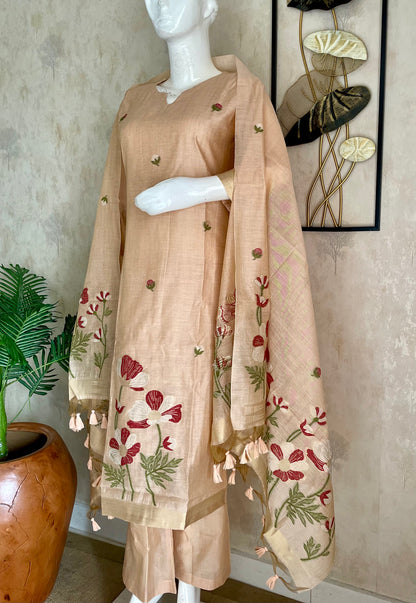 Bovine Chic Peach Muga Cotton Jamdani Suit Set