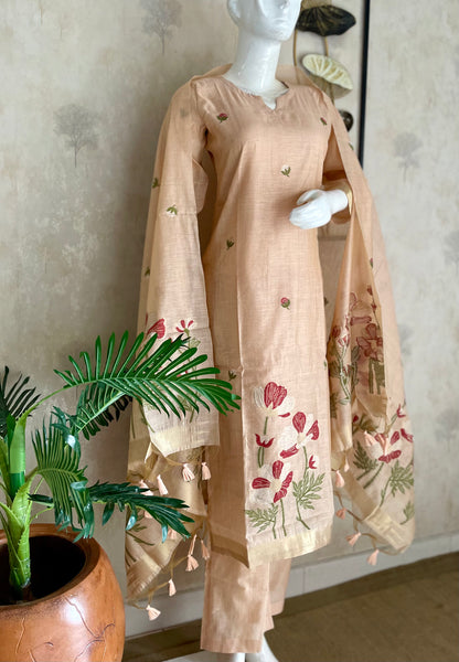 Bovine Chic Peach Muga Cotton Jamdani Suit Set