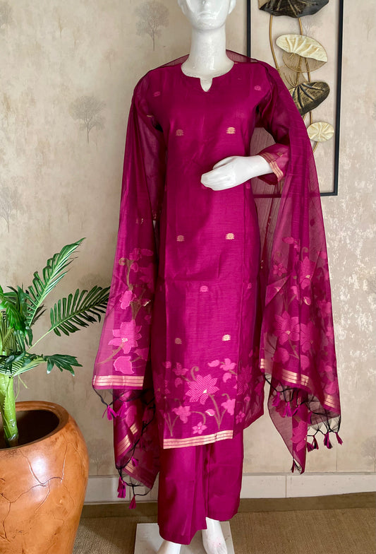 Dewy Bloom Rani Pink Muga Silk Jaamdani  Suit Set