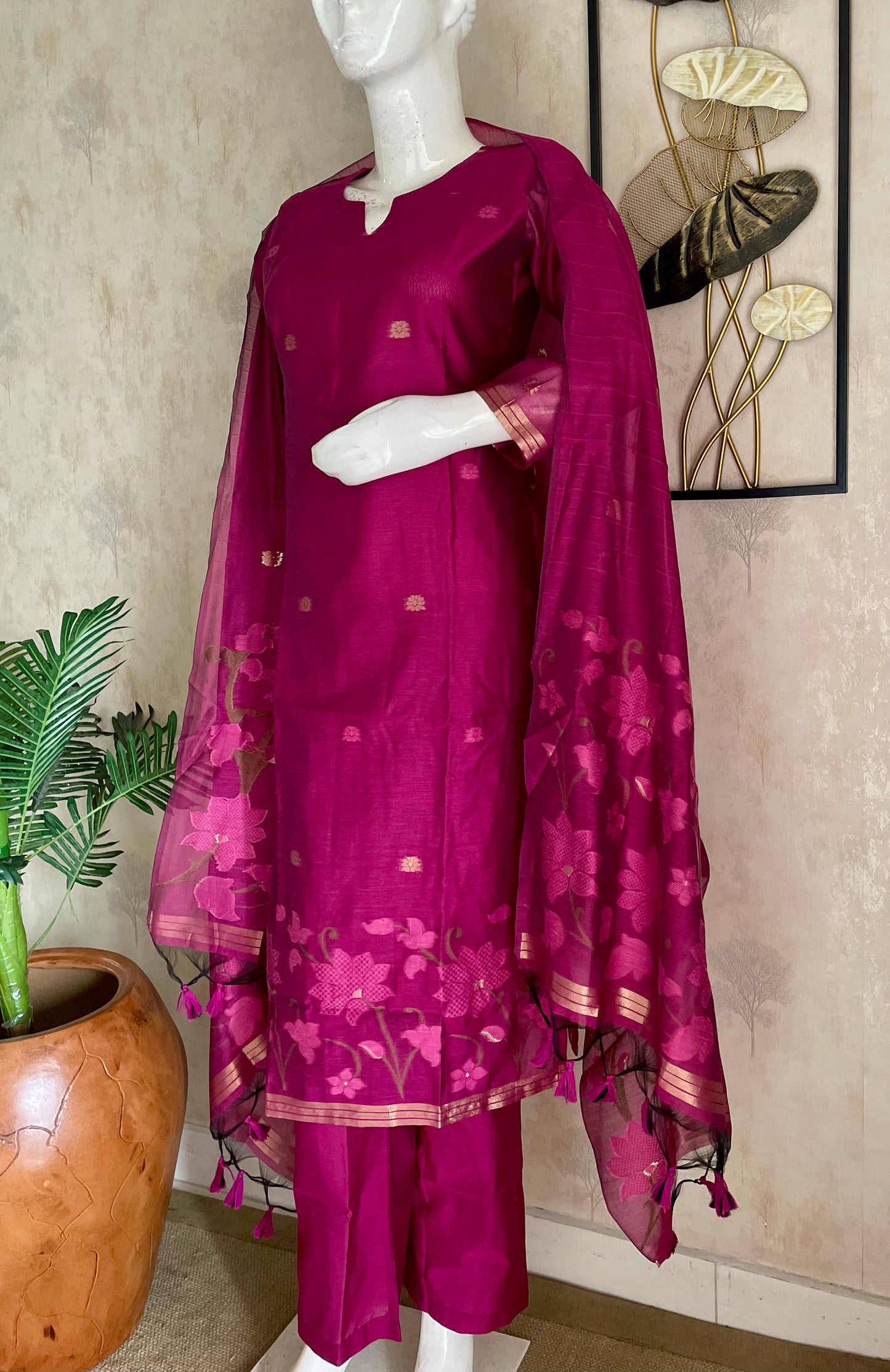Dewy Bloom Rani Pink Muga Silk Jaamdani  Suit Set