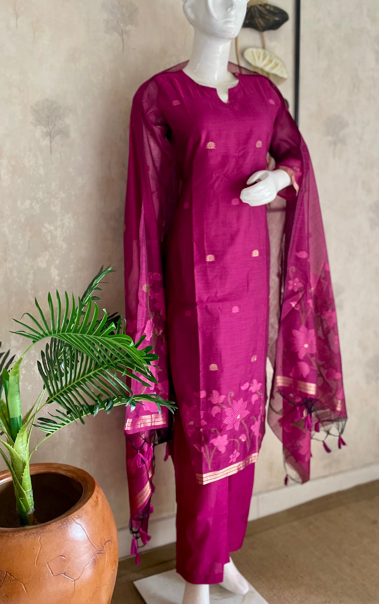 Dewy Bloom Rani Pink Muga Silk Jaamdani  Suit Set