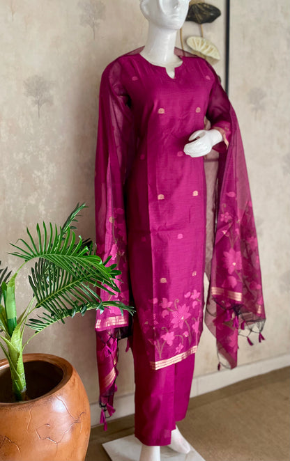 Dewy Bloom Rani Pink Muga Silk Jaamdani  Suit Set