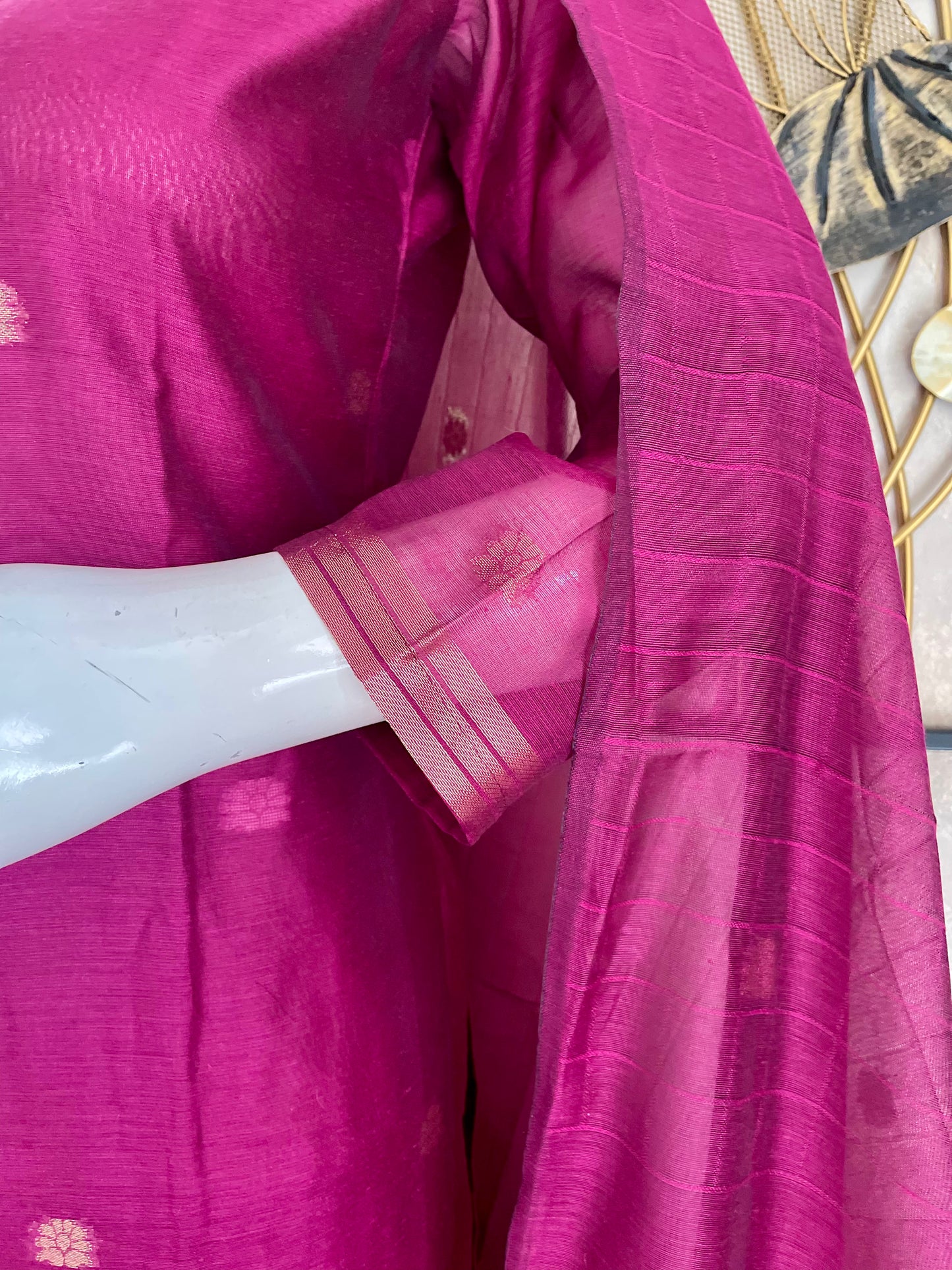 Dewy Bloom Rani Pink Muga Silk Jaamdani  Suit Set